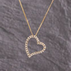 Second Hand Yellow Gold Cubic Zirconia Open Heart Pendant & 18 Inch Curb Chain 41143376