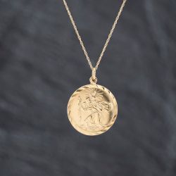 Second Hand 9ct Yellow Gold Circular Faceted Edge St Christopher Pendant & 18 Inch Prince Of Wales Chain 41143386