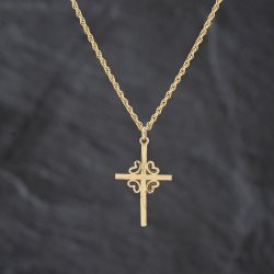 Second Hand 9ct Yellow Gold Decorative Diamond Cut Cross Pendant & 18 Inch Prince Of Wales Chain 41143394