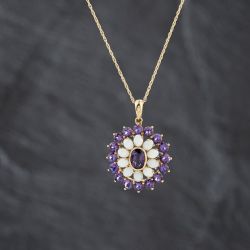 Second Hand 9ct Yellow Gold Amethyst & Opal Halo Cluster Pendant & 18 Inch Prince Of Wales Chain 41143398
