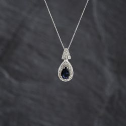 Second Hand 9ct White Gold Sapphire Pear Shaped Dropper Pendant & 18 Inch Prince Of Wales Chain 41143409