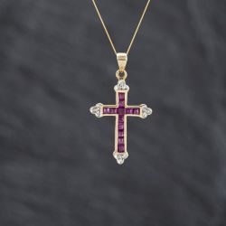 Second Hand 9ct Yellow Gold Ruby & Diamond Cross Pendant & 18 Inch Curb Chain 41143425