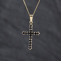 Second Hand 9ct Yellow Gold Sapphire Double Sided Cross Pendant & 18 Inch Curb Chain 41143427