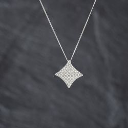 Second Hand 9ct White Gold Diamond Pave Concave Cushion Shaped Pendant & 18 Inch Curb Chain 41143432