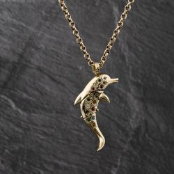 Second Hand 9ct Yellow Gold Cubic Zirconia Dolphin Gemstone Pendant & 19 Inch Belcher Chain 41143440