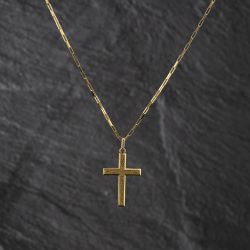 Second Hand 9ct Yellow Gold Engraved Cross Pendant & 16 Inch Paper Link Chain 41143444