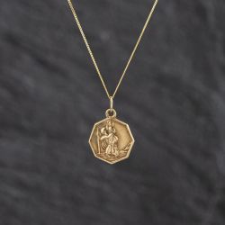 Second Hand 9ct Yellow Gold Octagonal St Christopher Pendant & 18 Inch Curb Chain 41143458