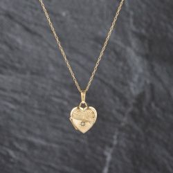 Second Hand 9ct Yellow Gold 0.01ct Diamond Half Engraved Heart Locket Pendant & 18 Inch Prince Of Wales Chain 41143482