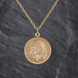 Second Hand Vintage 9ct Yellow Gold Large Round St Christopher Pendant & 22 Inch Prince Of Wales Chain 41143489