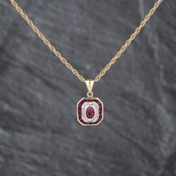 Second Hand 9ct Yellow Gold Ruby & Diamond Octagonal Shaped Gemstone Pendant & 20 Inch Prince Of Wales Chain 41143492