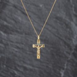 Second Hand 9ct Yellow Gold Crucifix Cross Pendant & 18 Inch Curb Chain 41143495