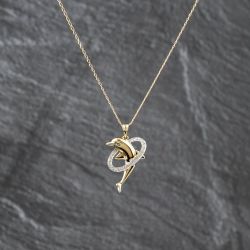 Second Hand 9ct Yellow Gold Cubic Zirconia Dolphin Pendant & 16 Inch Curb Chain 41143514