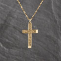 Second Hand 9ct Yellow Gold Hand Engraved Cross Pendant & 19 Inch Trace Chain 41143522