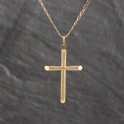Second Hand 9ct Yellow Gold Lined Pattern Cross Pendant & 20 Inch Curb Chain 41143525