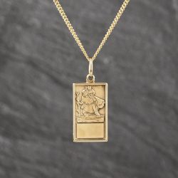 Second Hand 9ct Yellow Gold Oblong St Christopher Pendant & 16 Inch Curb Chain 41143564