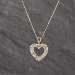 Second Hand 9ct Yellow Gold Cubic Zirconia Set Open Heart Pendant & 18 Inch Curb Chain 41143570