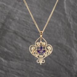 Second Hand 9ct Yellow Gold Amethyst Set Pendant & 18 Inch Curb Chain 41143571