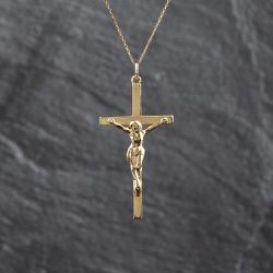 Second Hand 9ct Yellow Gold Crucifix Cross Pendant & 17 Inch Trace Chain 41143579