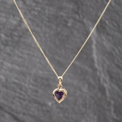 Second Hand Yellow Gold Amethyst Heart Gemstone Pendant & 18 Inch Curb Chain 41143588