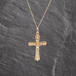 Second Hand 9ct Yellow Gold Crucifix Cross Pendant & 18 Inch Curb Chain 41143614