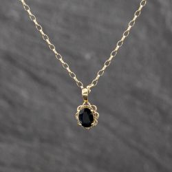 Second Hand 9ct Yellow Gold Sapphire Oval Pendant & 18 Inch Belcher Chain 41143626