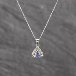 Second Hand 9ct White Gold Tanzanite & Diamond Halo Cluster Pendant & 18 Inch Curb Chain 41143640