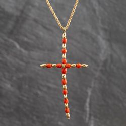 Second Hand Vintage 9ct Yellow Gold Coral Bead Set Cross Pendant & 18 Inch Rope Chain 41143659