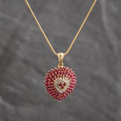 Second Hand 9ct Yellow Gold Ruby & Diamond Large Pave Heart Pendant & 16 Inch Snake Chain 41143710