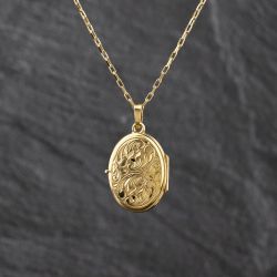 Second Hand 9ct Yellow Gold Foliate Engraved Double Sided Locket Pendant & 20 Inch Belcher Chain 41162329