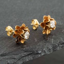Second Hand 9ct Yellow Gold Brilliant Cut Diamond Single Stone Flower Stud Earrings 41171285