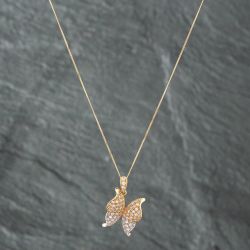 Second Hand 9ct Two Colour Gold Cubic Zirconia Butterfly Pendant & 18 Inch Curb Chain 41172203