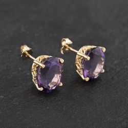 Second Hand 14ct Yellow Gold 11mm Amethyst Oval Stud Earrings 41172599