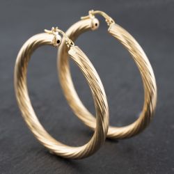 Second Hand 9ct Yellow Gold 44mm Large Twisted Hoop Earrings 41172634