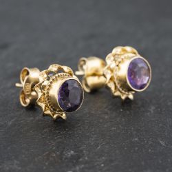 Second Hand Yellow Gold Amethyst Round Rope Edge Stud Earrings 41172692