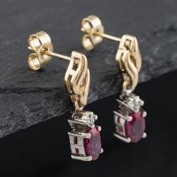 Second Hand 9ct Yellow Gold Diamond & Synthetic Ruby Dropper Earrings 41172720