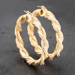 Second Hand 9ct Yellow Gold 47mm Twisted With Glitter Effect Hoop Earrings 41172735