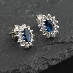 Second Hand White Gold Blue Glass & Cubic Zirconia Oval Flower Cluster 11mm Stud Earrings 41173149