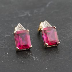 Second Hand 9ct Yellow Gold Ruby Synthetic Stone & 0.01ct Diamond Triangular Topped Oblong 13mm Dropper Earrings 41173156