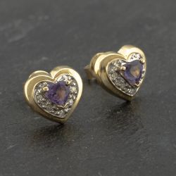 Second Hand 9ct Yellow Gold Amethyst & Diamond Heart 9mm Stud Earrings 41173175