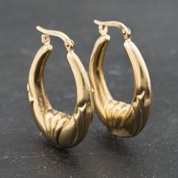 Second Hand 9ct Yellow Gold 30mm Oval Patterned Embossed Creole Earrings 41173306