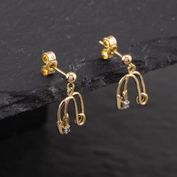 Second Hand 9ct Yellow Gold 18mm 0.04ct Diamond Safety Pin Design Dropper Earrings 41173484