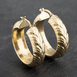 Second Hand 9ct Yellow Gold 30mm Wide Embossed Pattern Hoop Earrings 41173499
