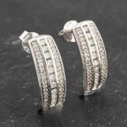 Second Hand 9ct White Gold 18mm Diamond Three Row Dropper Earrings 41173523