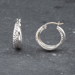 Second Hand White Gold 19mm Patterned & Plain Hoop Earrings 41173557