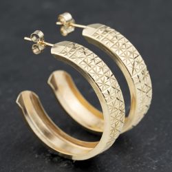 Second Hand 9ct Yellow Gold 33.7mm Diamond Patterned Hoop Earrings 41173572