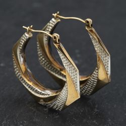 Second Hand Two Colour Gold 27mm Octagonal Hammered Effect Creole Earrings 41173576
