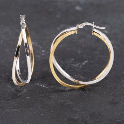 Second Hand 9ct Two Colour Gold 36mm Crossover Hoop Earrings 41173580
