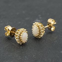 Second Hand 18ct Yellow Gold Opal & Diamond Cluster Stud Earrings 41173611