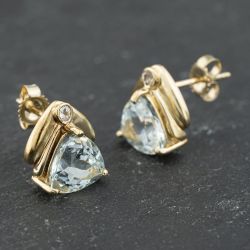 Second Hand 9ct Yellow Gold Aquamarine & White Sapphire Triangle Stud Earrings 41173612