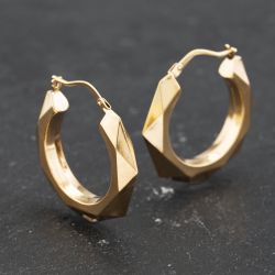 Second Hand 9ct Yellow Gold 25mm Hexagonal Multi-Faceted Creole Earrings 41173620